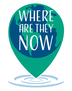 Where are they now logo showing a globe and ripple waes